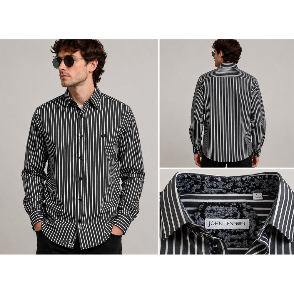 John Lennon Men's XL Black White Stripe Button Up Shirt Paisley Cotton Rocker